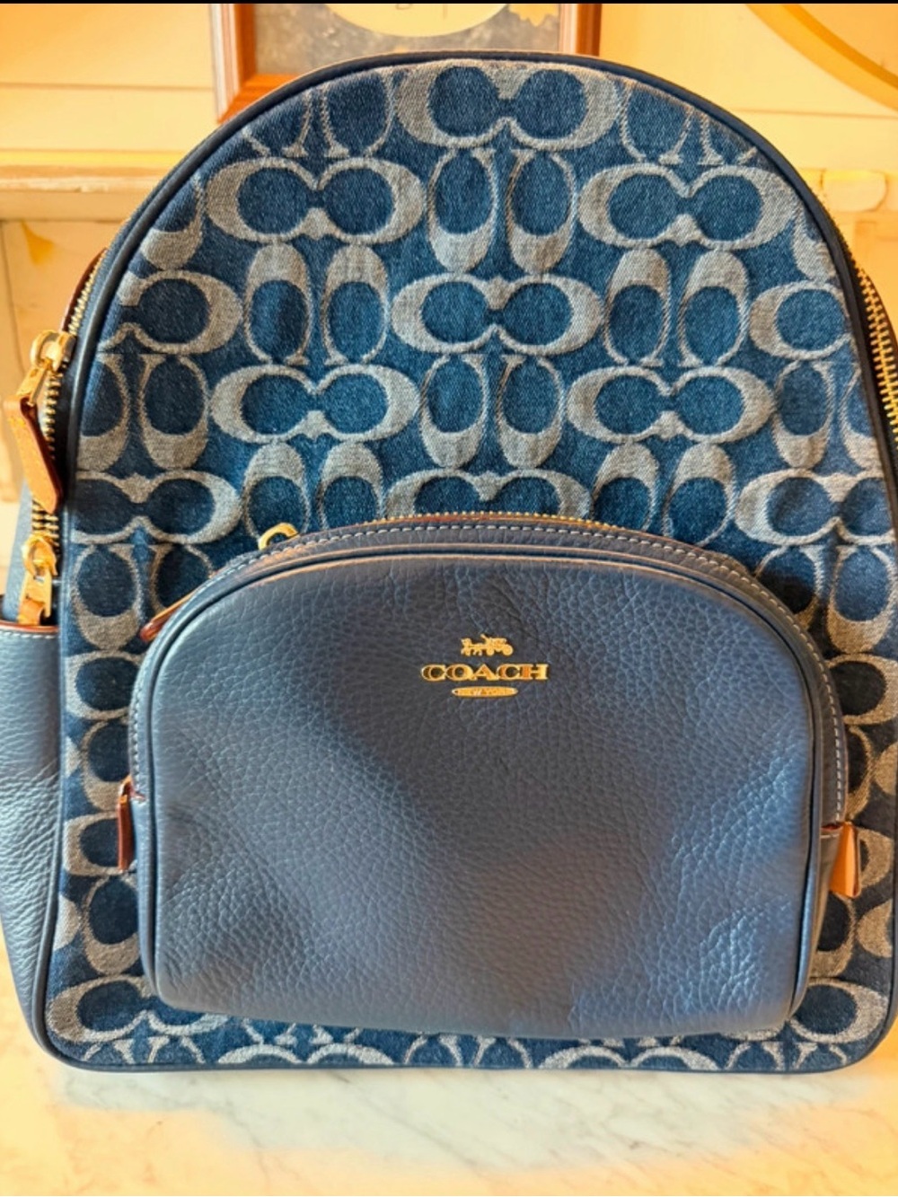Coach Navy Signature Denim Court Backpack - Gem